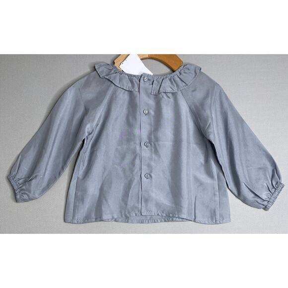 NWT Belle Enfant Blue-Gray Ruffle Collar Silk Blouse Baby Girls 6 9 12 Mo - Picture 2 of 3